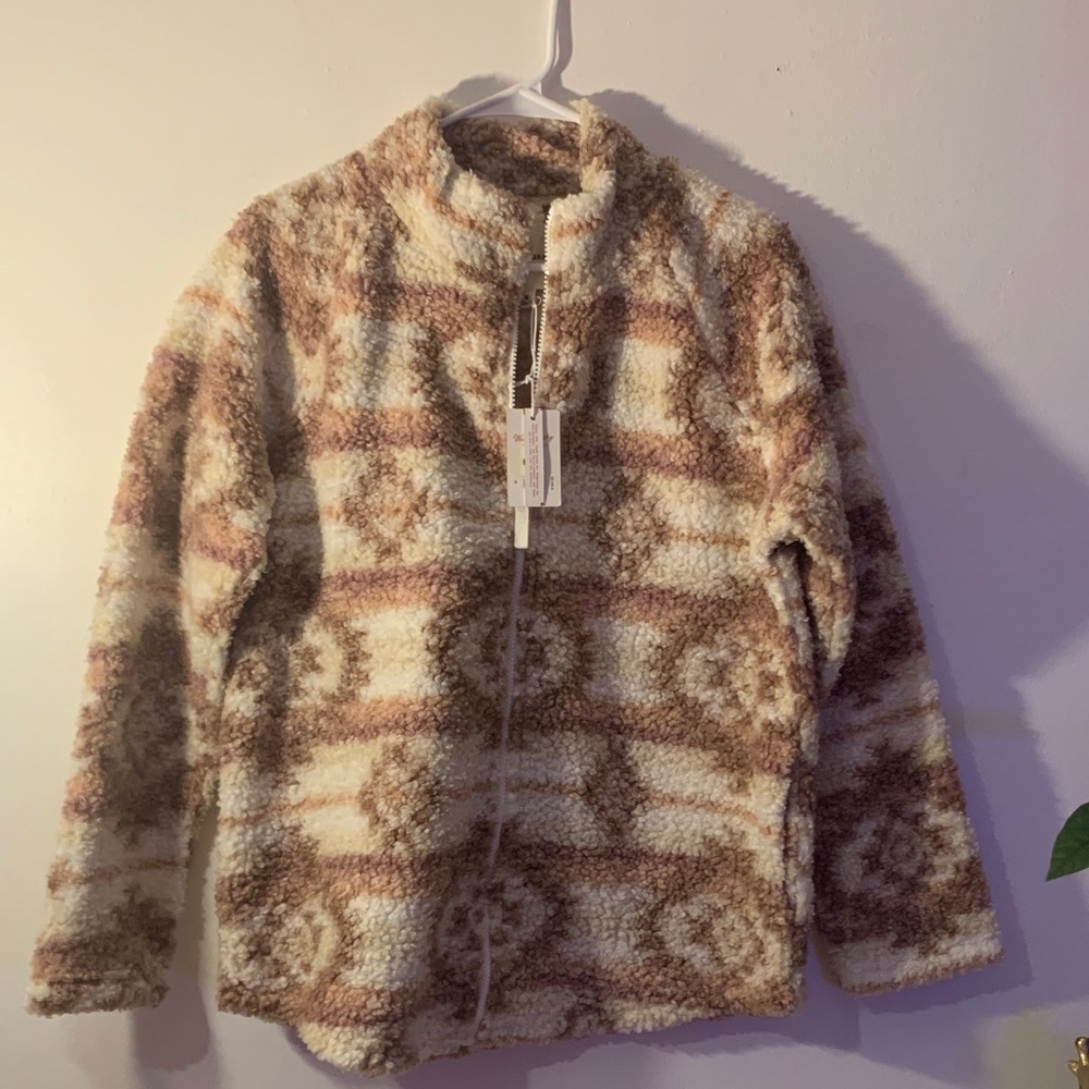Lucky Brand Tan and Cream Fleece Cardigan